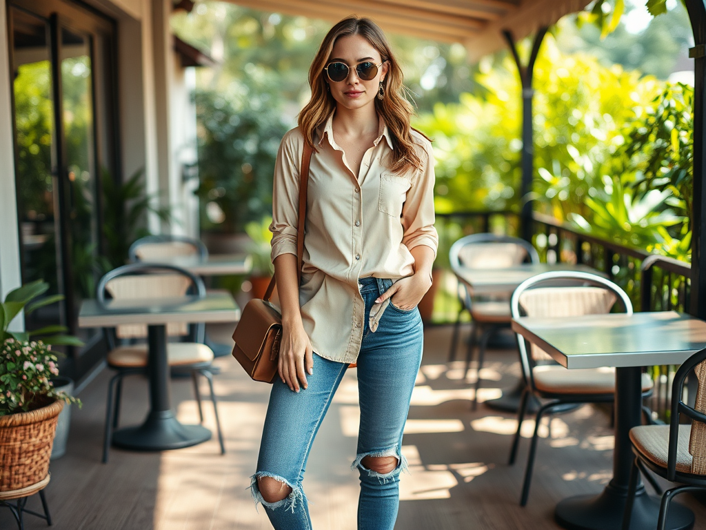 Een vrouw met een lichte blouse en een tas poseert buiten in een café met een groene achtergrond.