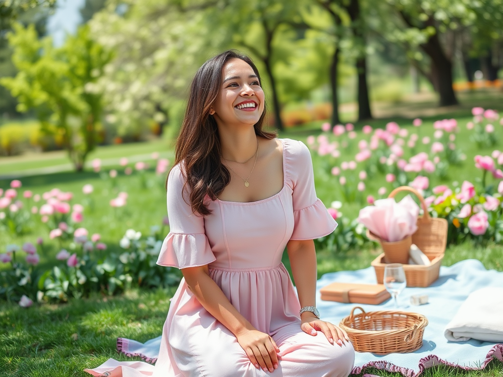 Een glimlachende vrouw in een roze jurk, zittend op een picknickkleed omringd door bloemen in een park.