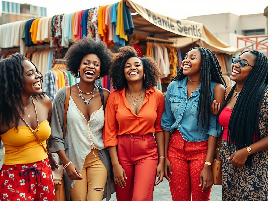 Vijf vrouwen lachen en genieten tijdens hun bezoek aan een kleurrijke markt vol kleding.