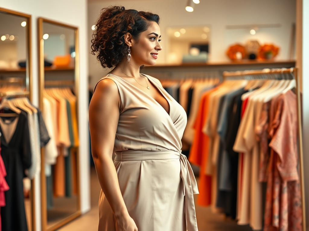 Een vrouw in een elegante jurk kijkt naar zichzelf in de spiegel, omringd door kleding in een boetiek.