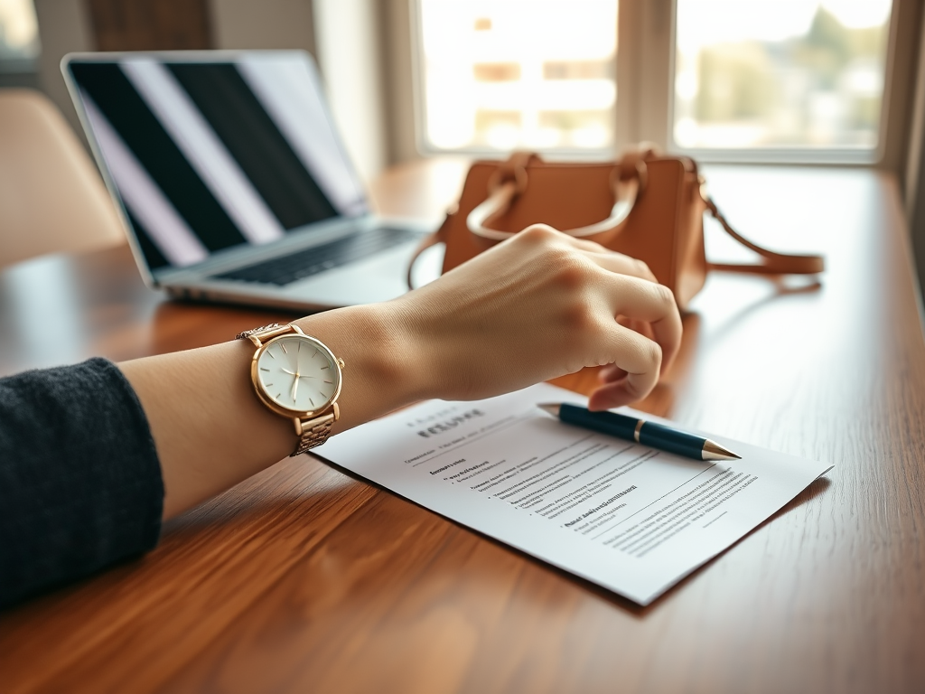 Een hand met een horloge kijkt naar een document en een pen op een houten tafel, met een laptop op de achtergrond.