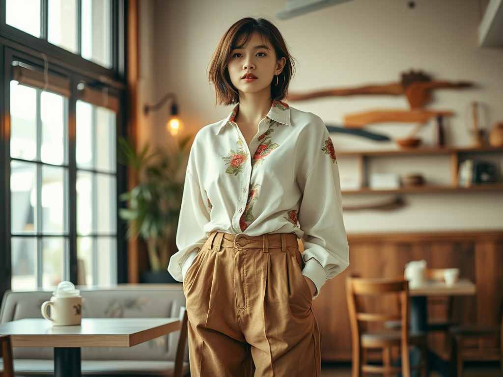 Een vrouw in een bloemenblouse en beige broek staat in een café met houten meubels en grote ramen.