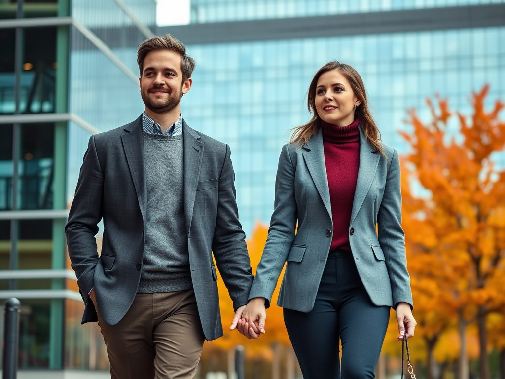 Een man en een vrouw in zakelijke kleding wandelen hand in hand langs moderne gebouwen en herfstbomen.