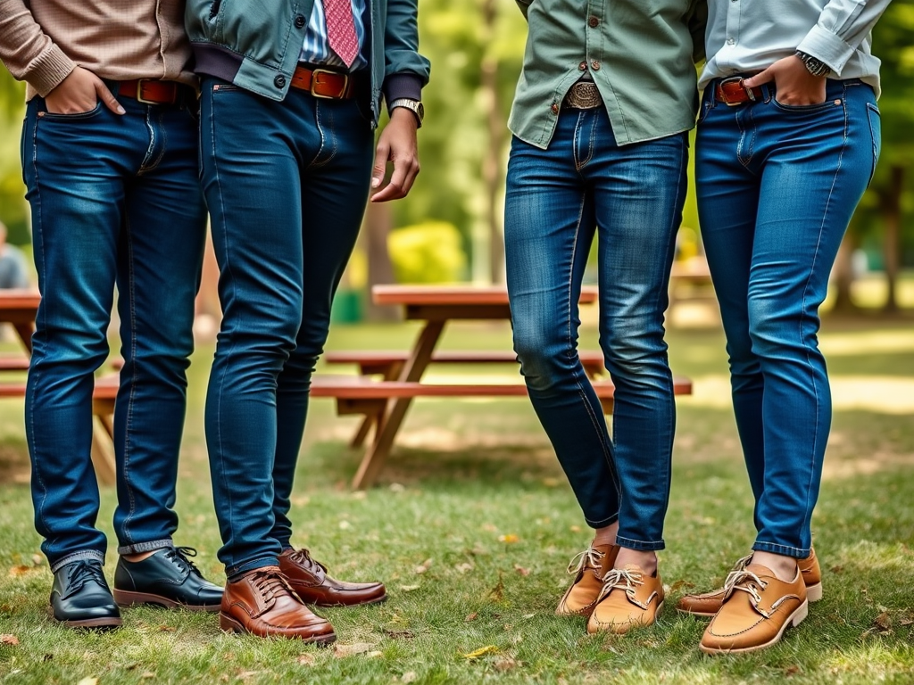 Vier mensen met skinny jeans en verschillende schoenen staan samen in een park, met bomen en een bank op de achtergrond.