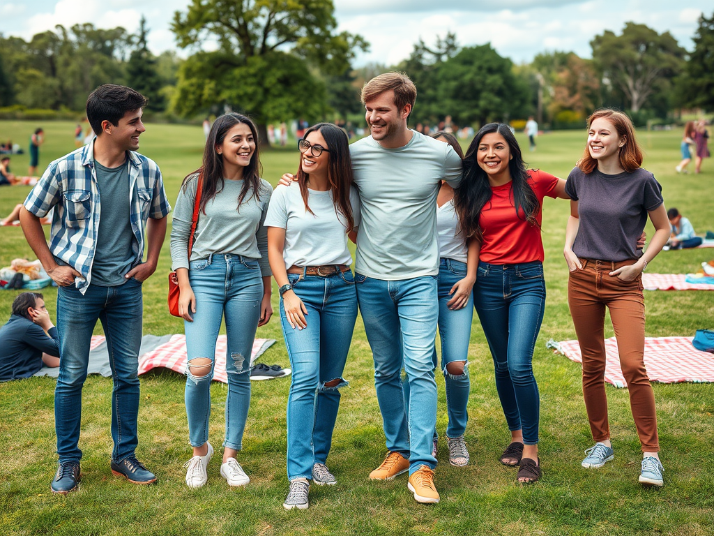 Een groep lachende jongeren wandelt samen in een park op een zonnige dag. Mensen ontspannen op de achtergrond.