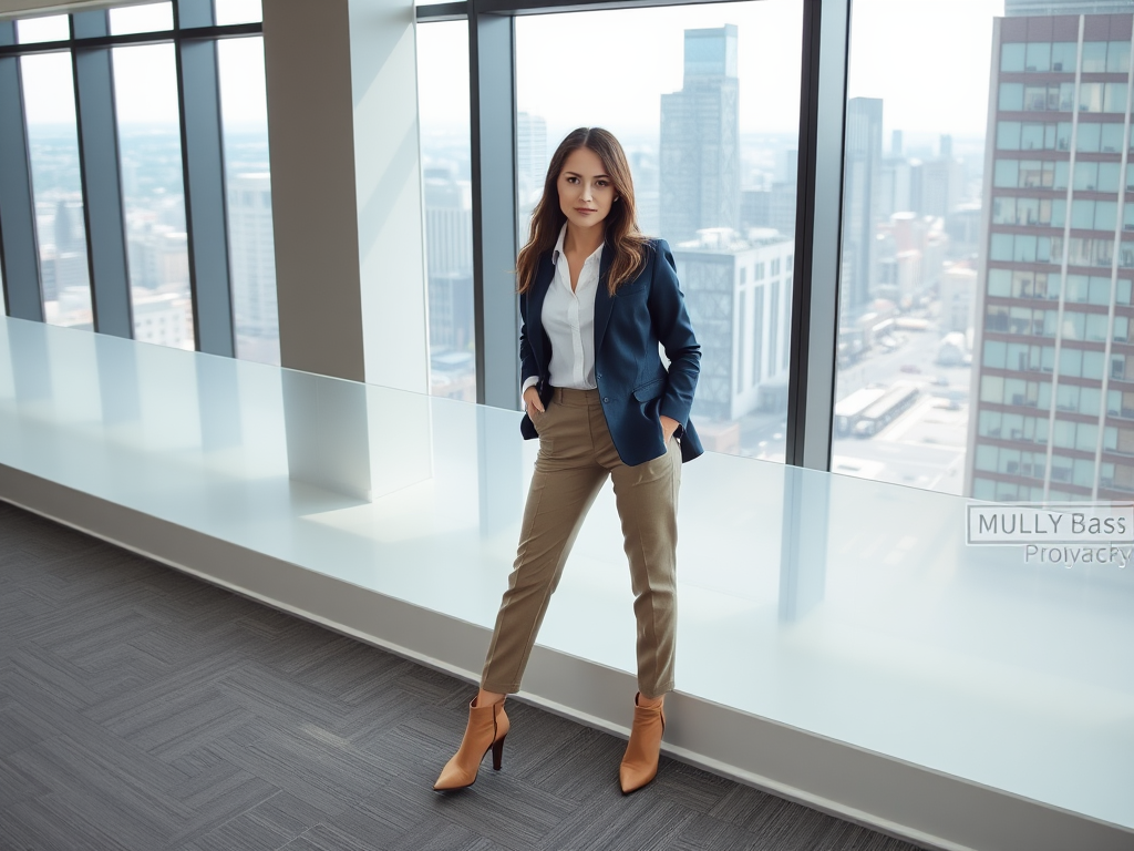 Een vrouw in een kantoor draagt een blazer en staat bij een groot raam met uitzicht op de stad.