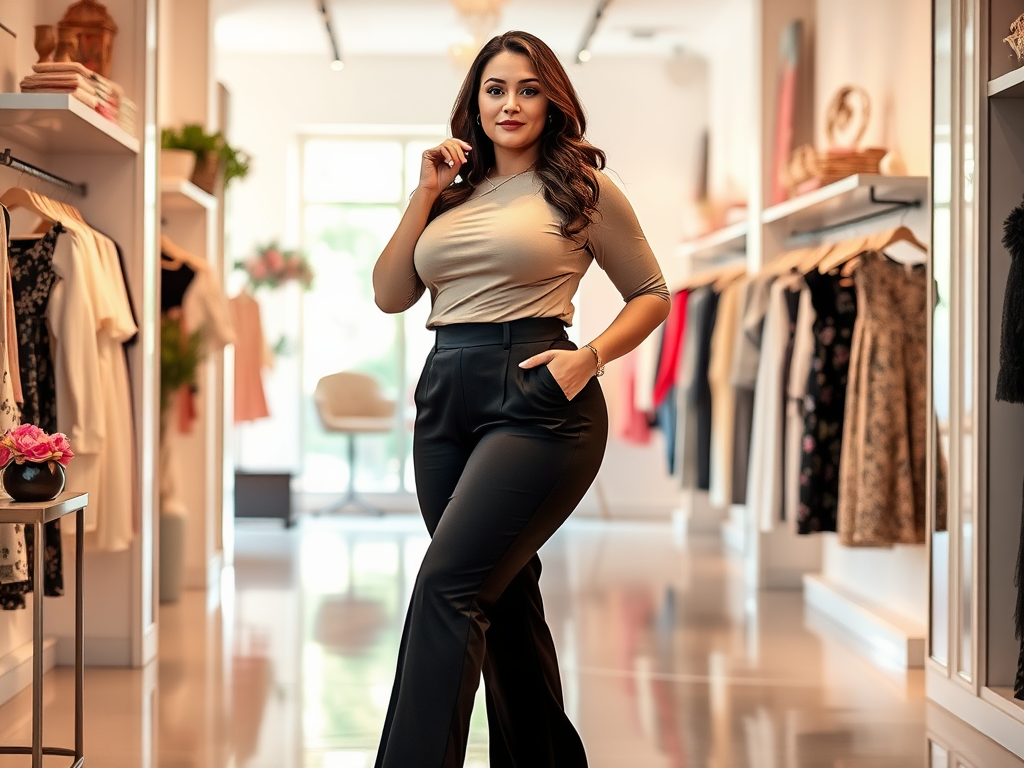 Vrouw in een modewinkel, gekleed in een beige top en zwarte broek, staat zelfverzekerd tussen de kleding.