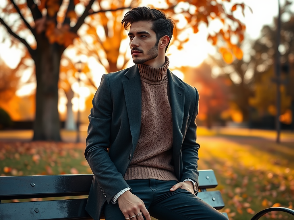 Een man in een elegante outfit zit op een bank, omringd door een herfstachtige tuin met gouden bladeren.